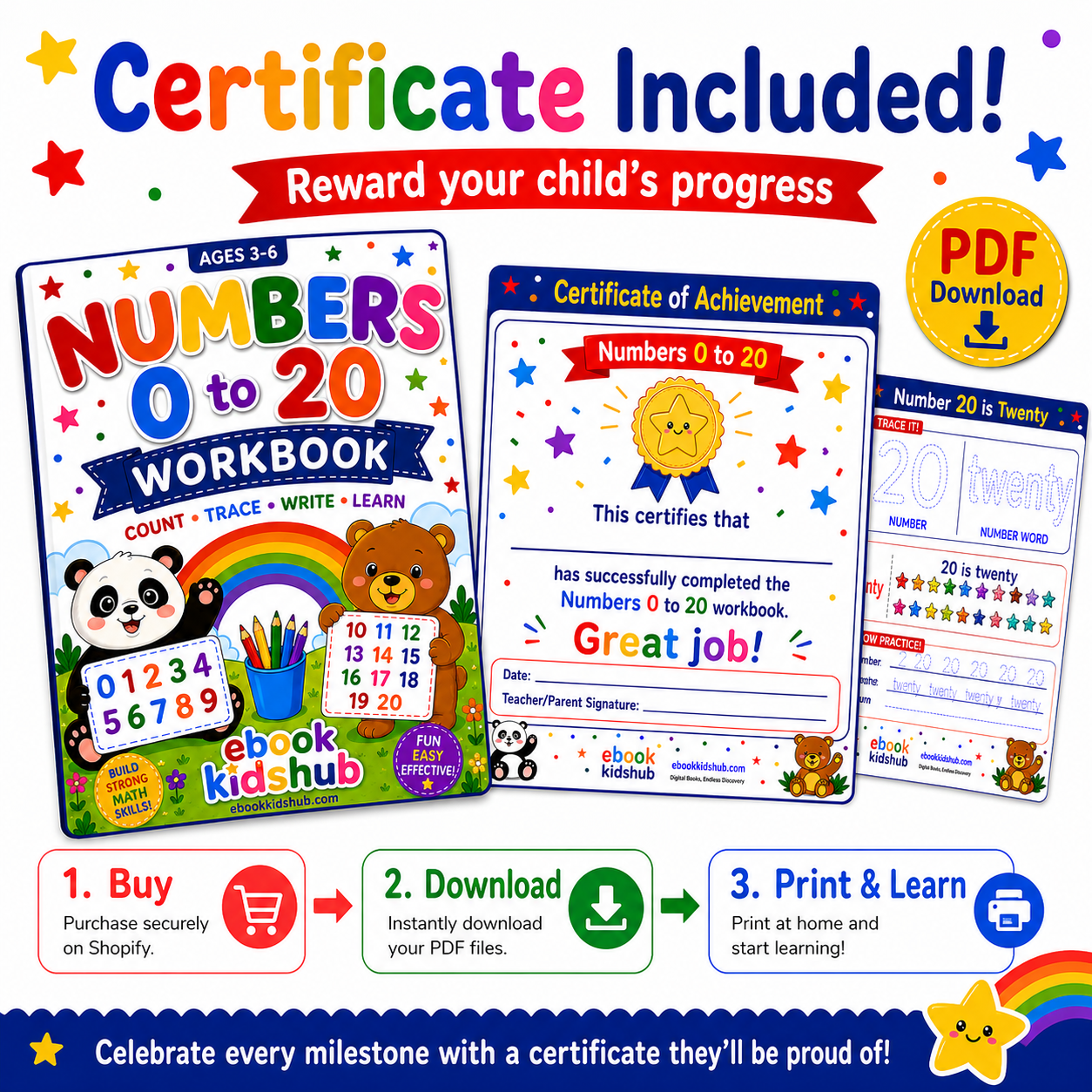 Numbers 0 to 20 Workbook PDF – Trace, Count, Write & Learn | Ages 3–6