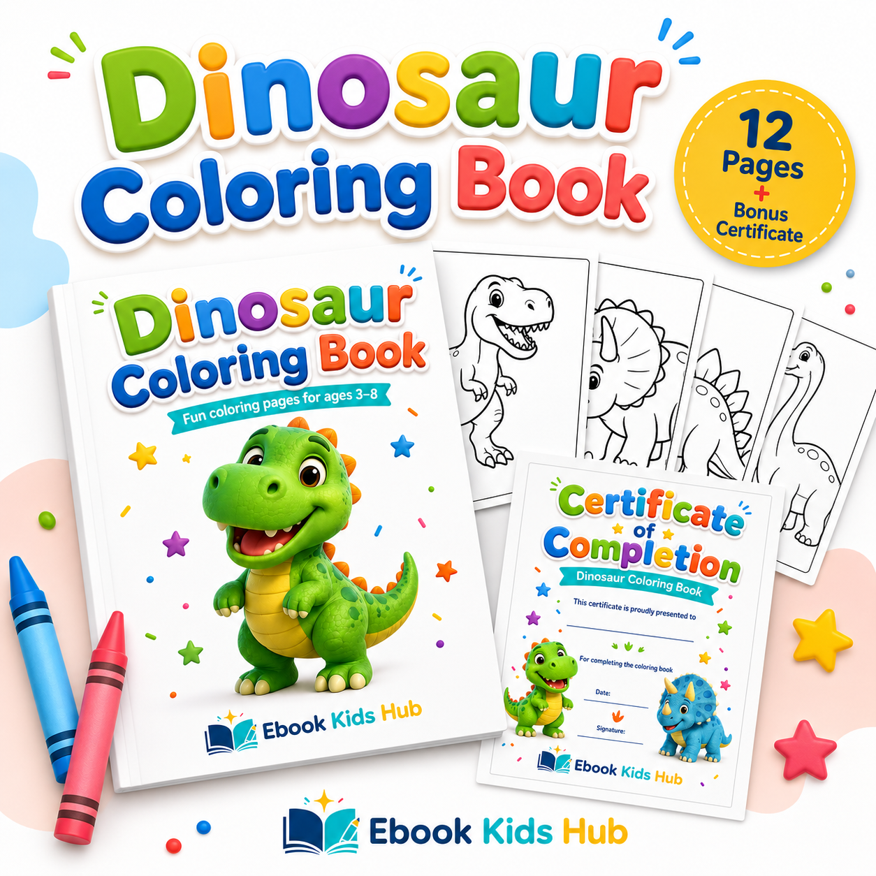Dinosaur Coloring Book for Kids – 12 Printable Coloring Pages PDF | Ages 3–8