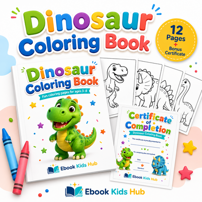 Dinosaur Coloring Book for Kids – 12 Printable Coloring Pages PDF | Ages 3–8