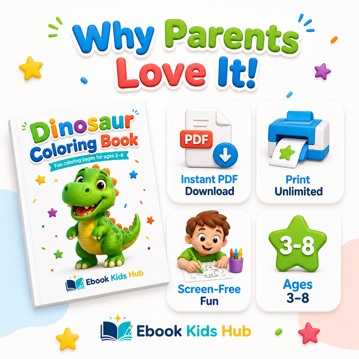 Dinosaur Coloring Book for Kids – 12 Printable Coloring Pages PDF | Ages 3–8