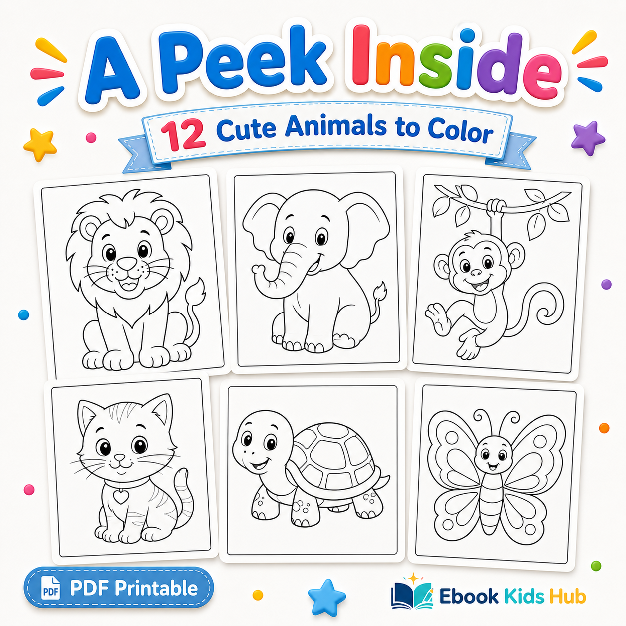 Animal Coloring Book for Kids – 12 Printable Coloring Pages PDF | Ages 2–6