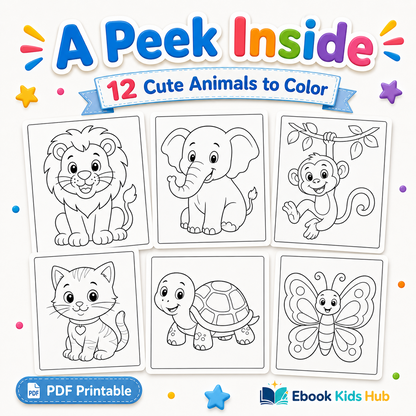 Animal Coloring Book for Kids – 12 Printable Coloring Pages PDF | Ages 2–6