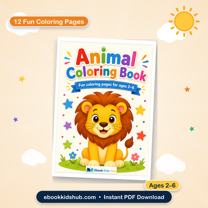 Animal coloring book for kids ages 2-6 printable PDF cover with cute lion