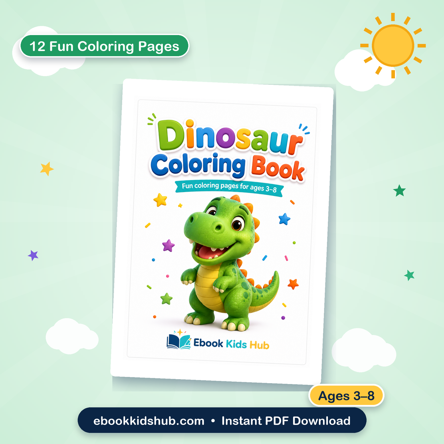 Dinosaur coloring book for kids ages 3-8 printable PDF cover with cute cartoon dinosaur
