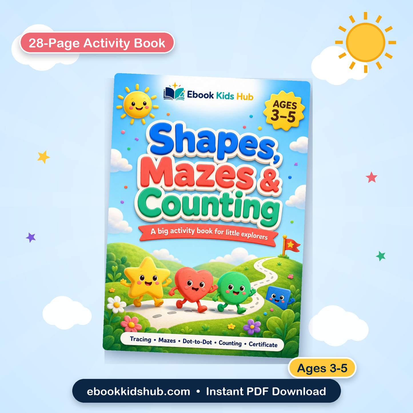Shapes, Mazes & Counting Activity Book for Kids Ages 3–5 | 28-Page Printable PDF