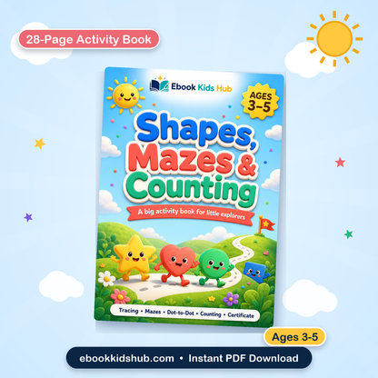 Shapes, Mazes & Counting Activity Book for Kids Ages 3–5 | 28-Page Printable PDF