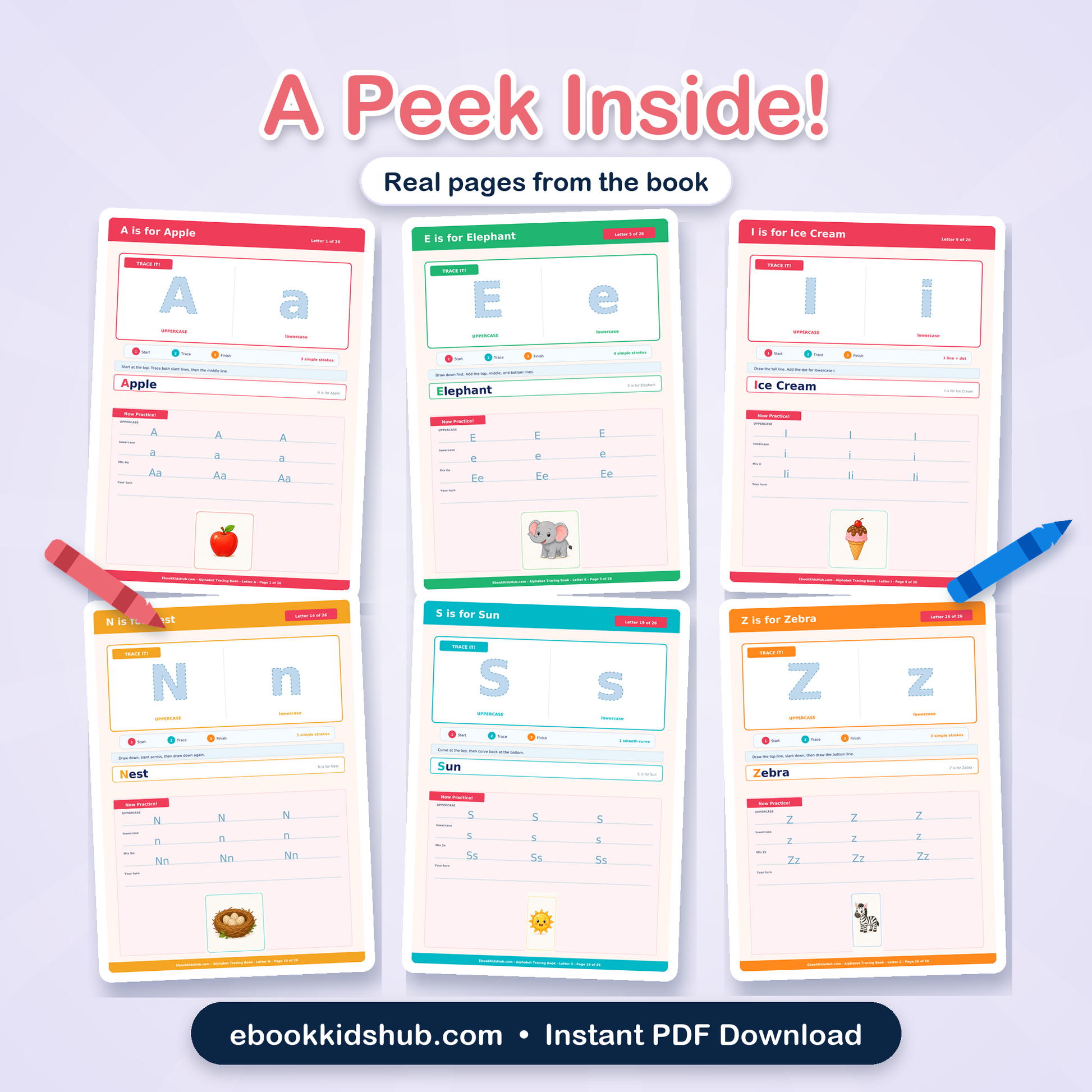 Real letter tracing pages preview from the alphabet tracing book PDF