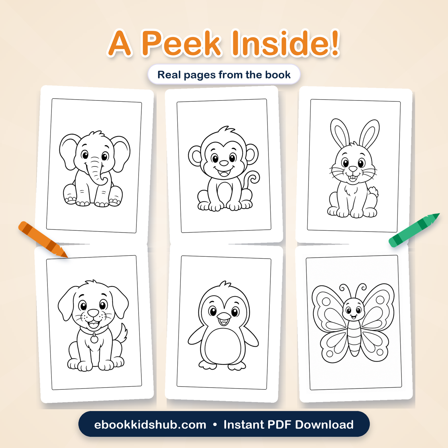 Real animal coloring pages preview from the printable PDF book