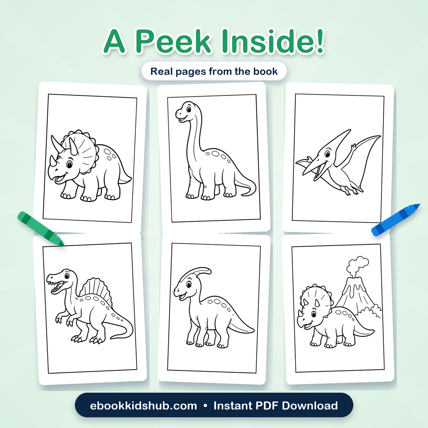 Real dinosaur coloring pages preview from the printable PDF book