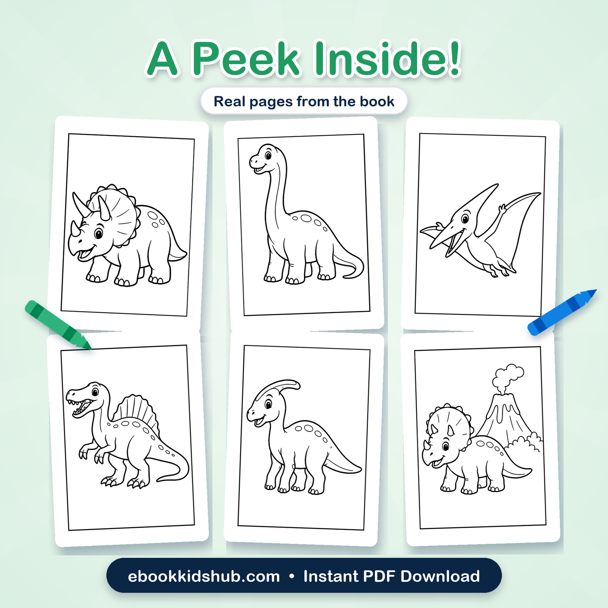 Real dinosaur coloring pages preview from the printable PDF book