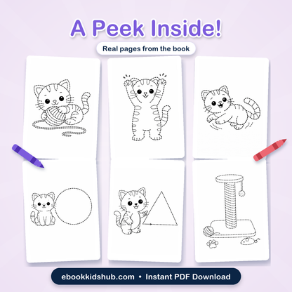 Real kitten tracing pages preview from the printable PDF book