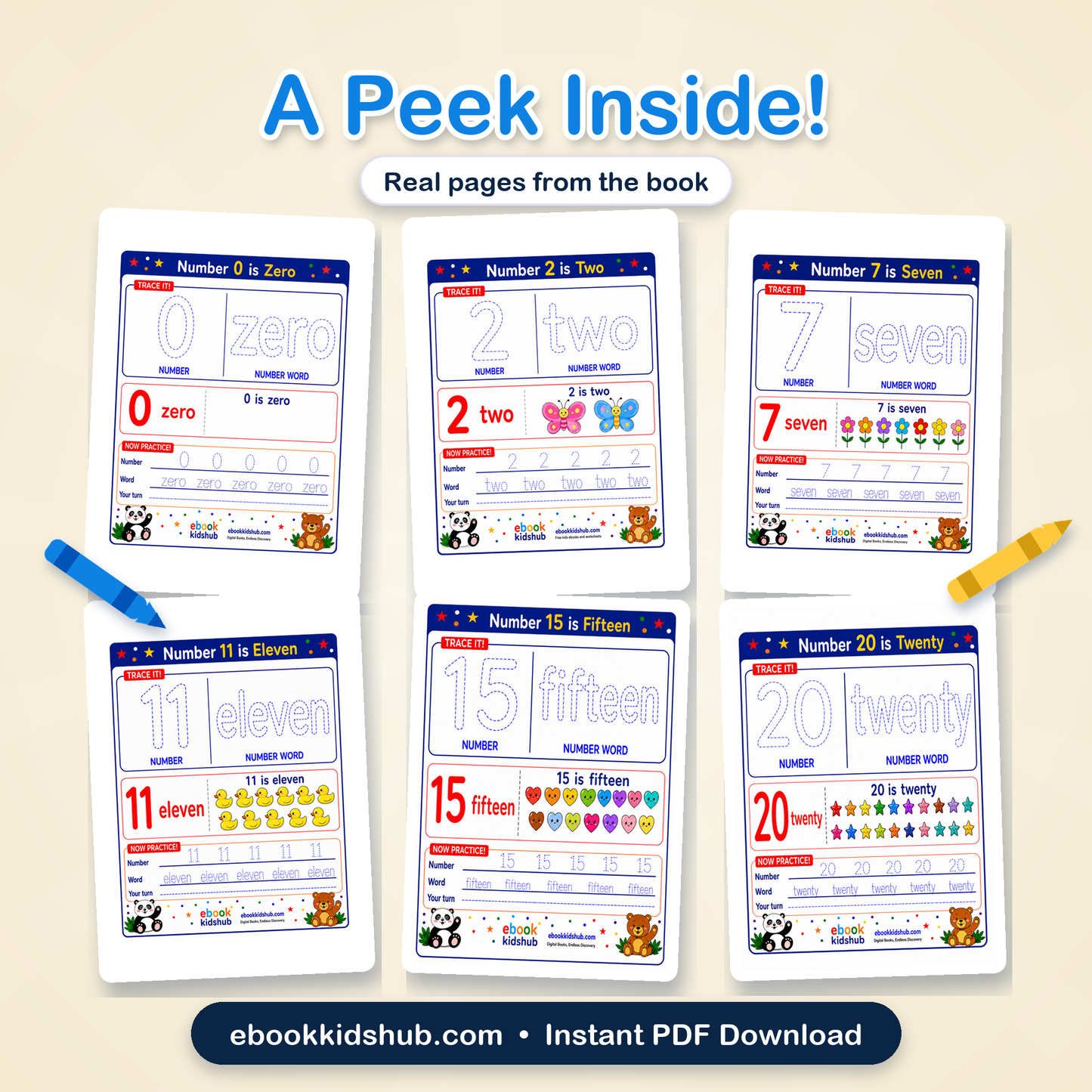 Real number tracing pages preview from the numbers 0-20 workbook PDF