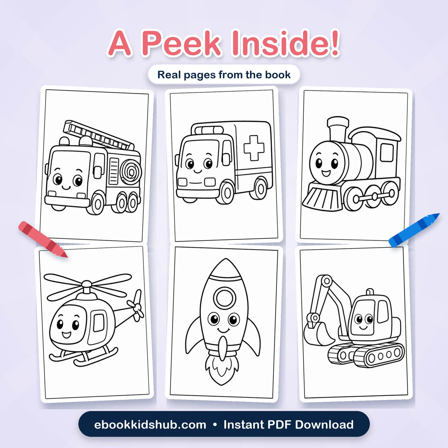 Real vehicle coloring pages preview from the printable PDF book