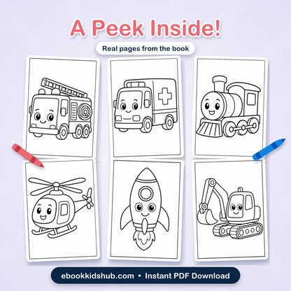 Real vehicle coloring pages preview from the printable PDF book