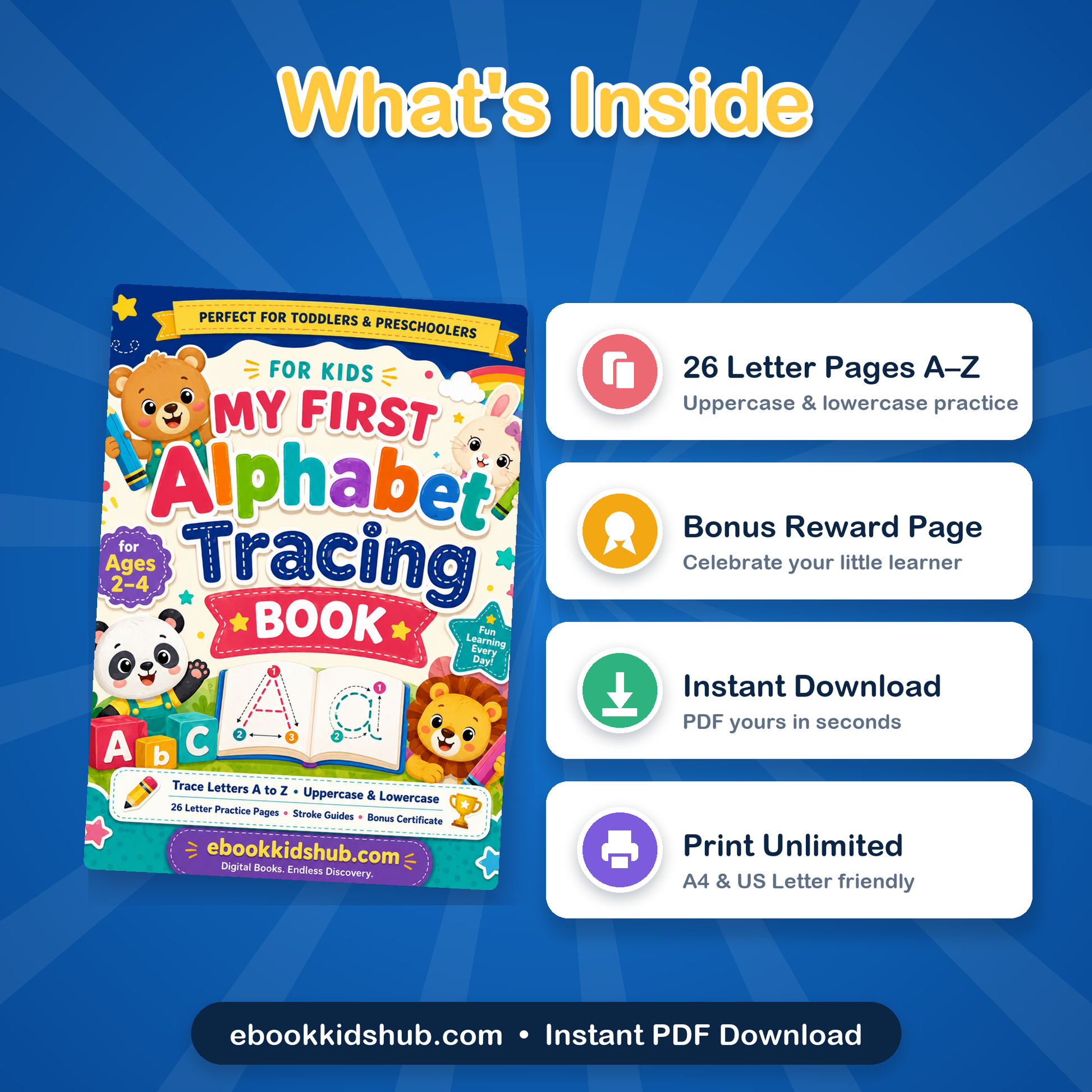 Whats inside the alphabet tracing book - 26 A to Z practice pages plus certificate