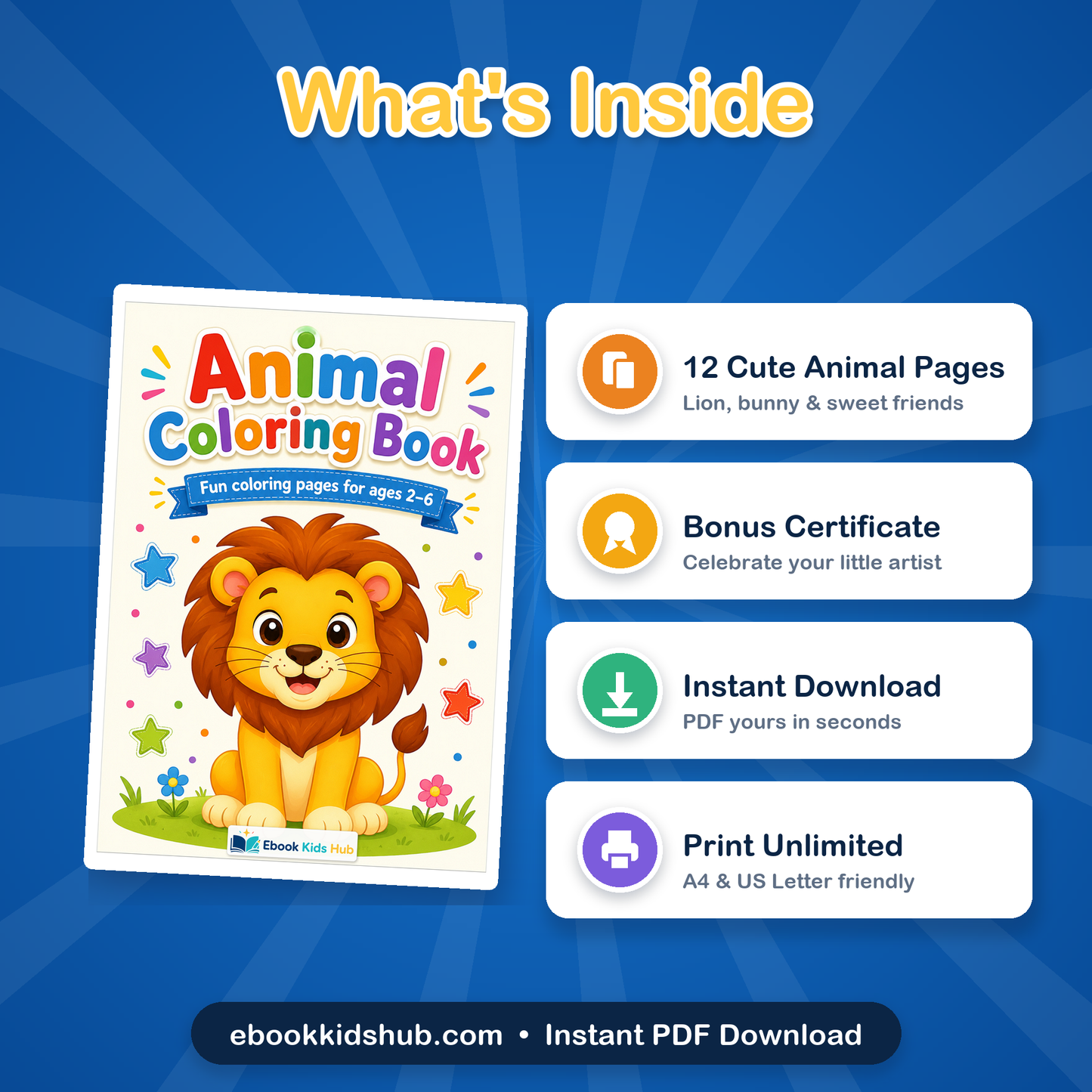 Whats inside the animal coloring book - 12 printable coloring pages plus completion certificate