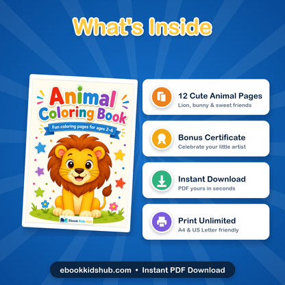 Whats inside the animal coloring book - 12 printable coloring pages plus completion certificate