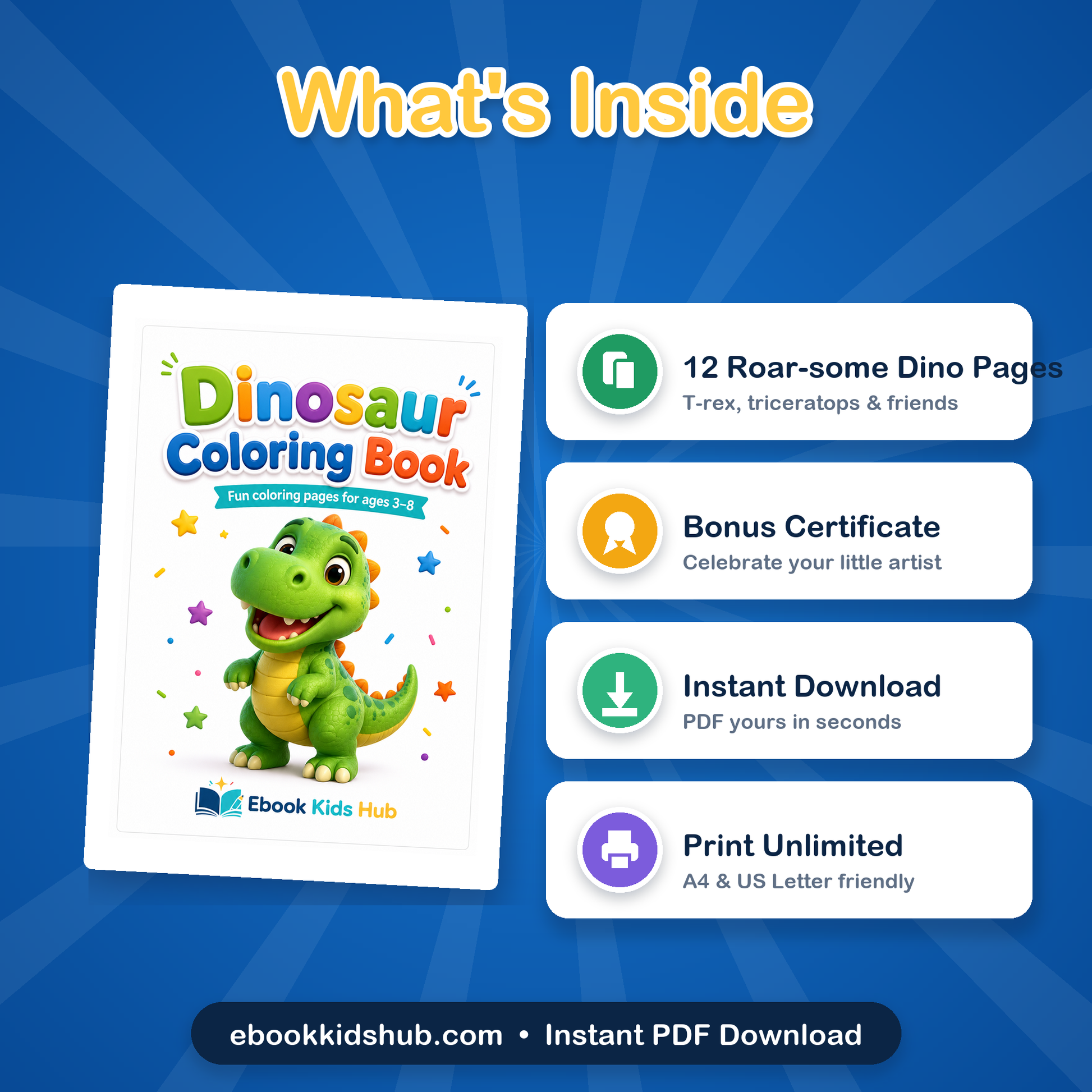 Whats inside the dinosaur coloring book - 12 printable coloring pages plus completion certificate