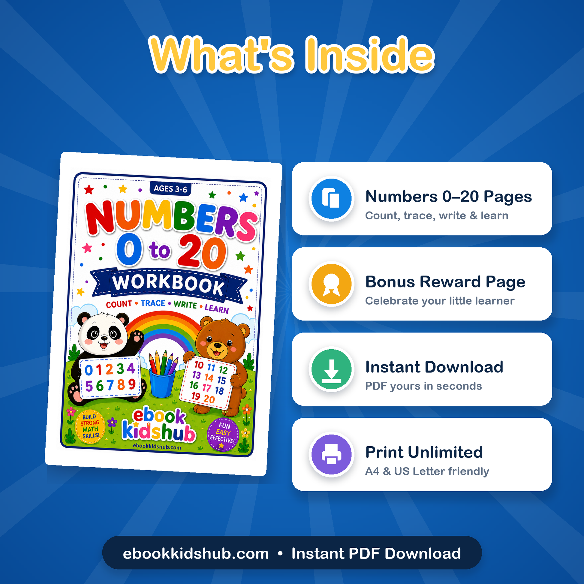 Whats inside the numbers 0 to 20 workbook - 21 trace count practice pages plus certificate