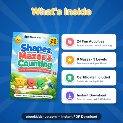 Shapes, Mazes & Counting Activity Book for Kids Ages 3–5 | 28-Page Printable PDF