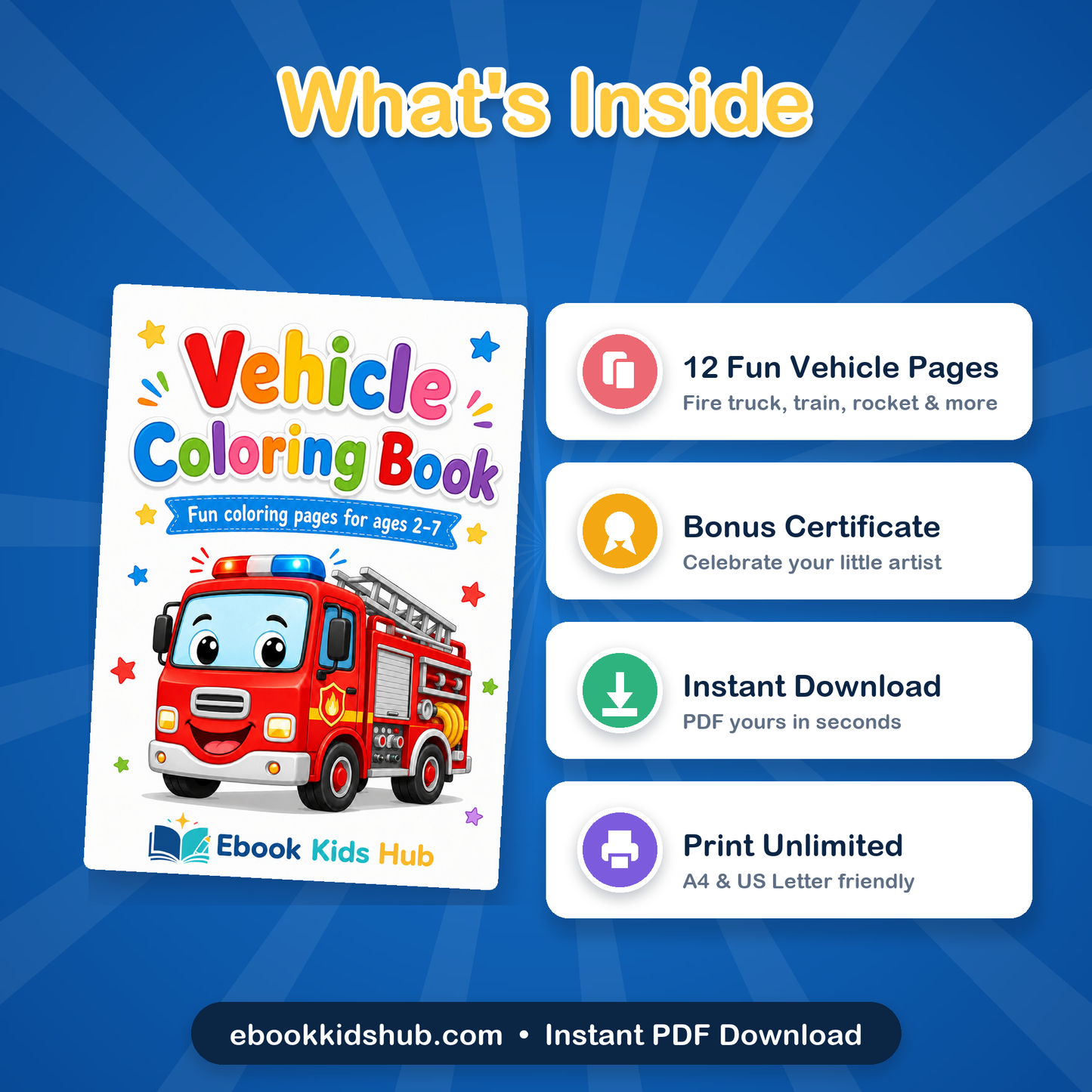 Whats inside the vehicle coloring book - 12 printable coloring pages plus completion certificate