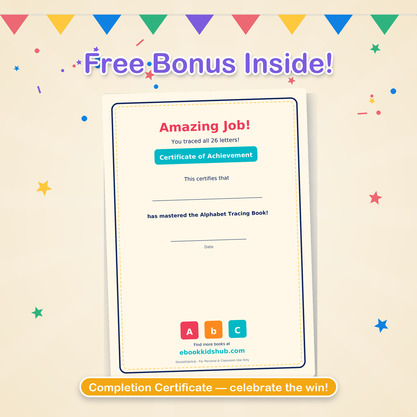 Bonus certificate included in the alphabet tracing book PDF