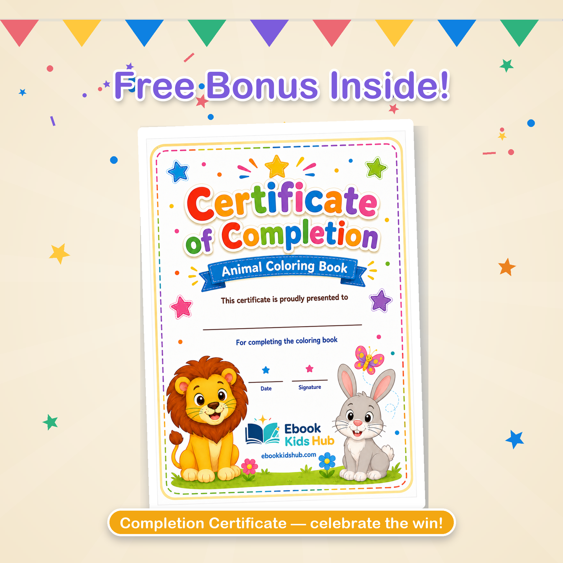 Kids completion certificate included in the animal coloring book PDF