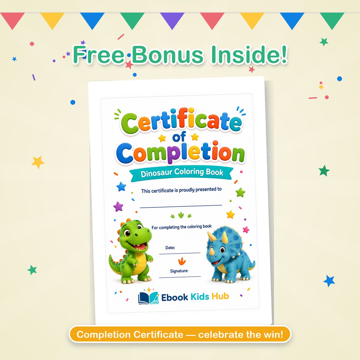 Kids completion certificate included in the dinosaur coloring book PDF
