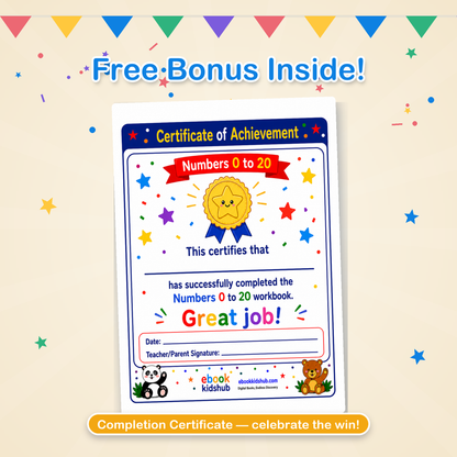 Certificate of achievement included in the numbers 0 to 20 workbook PDF