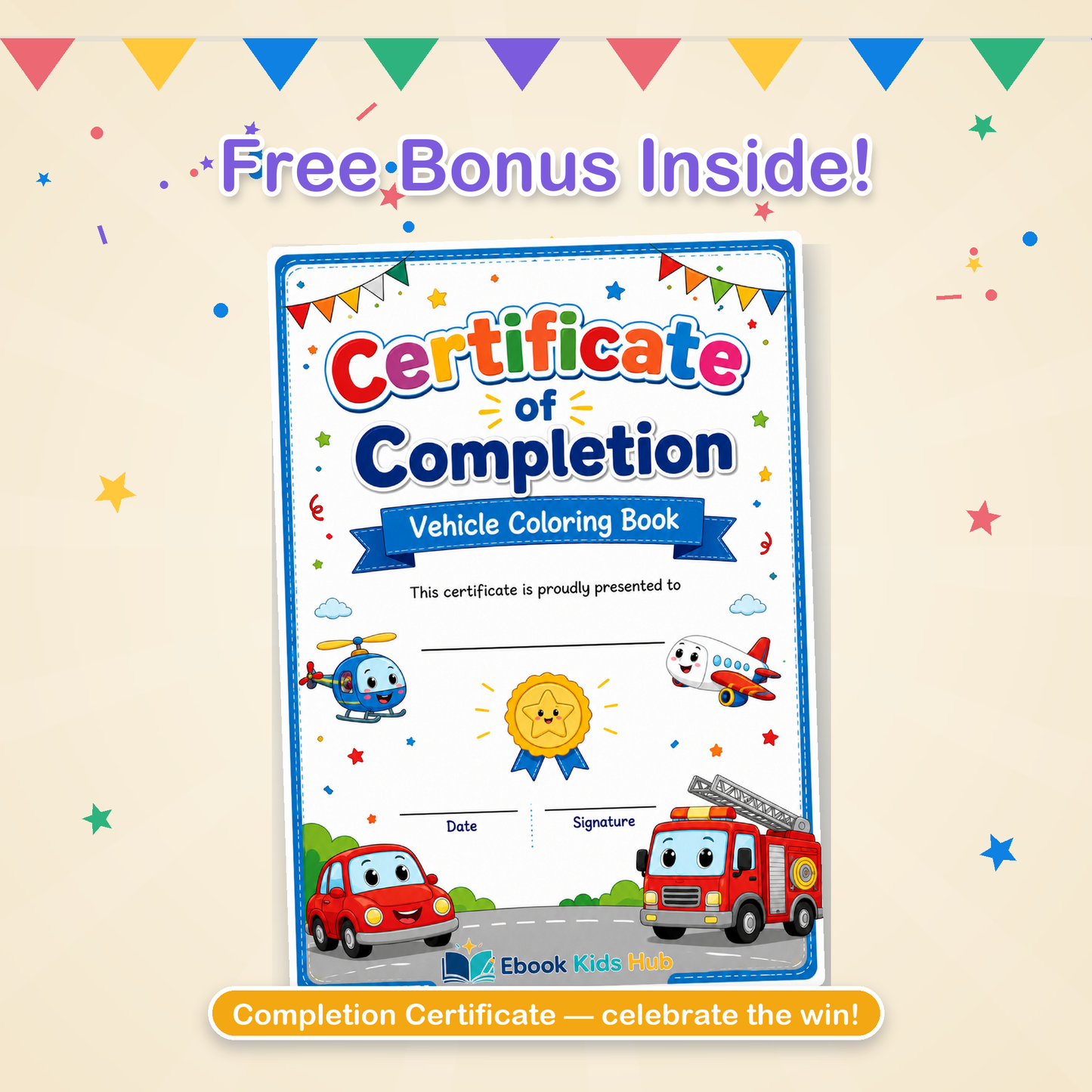 Kids completion certificate included in the vehicle coloring book PDF