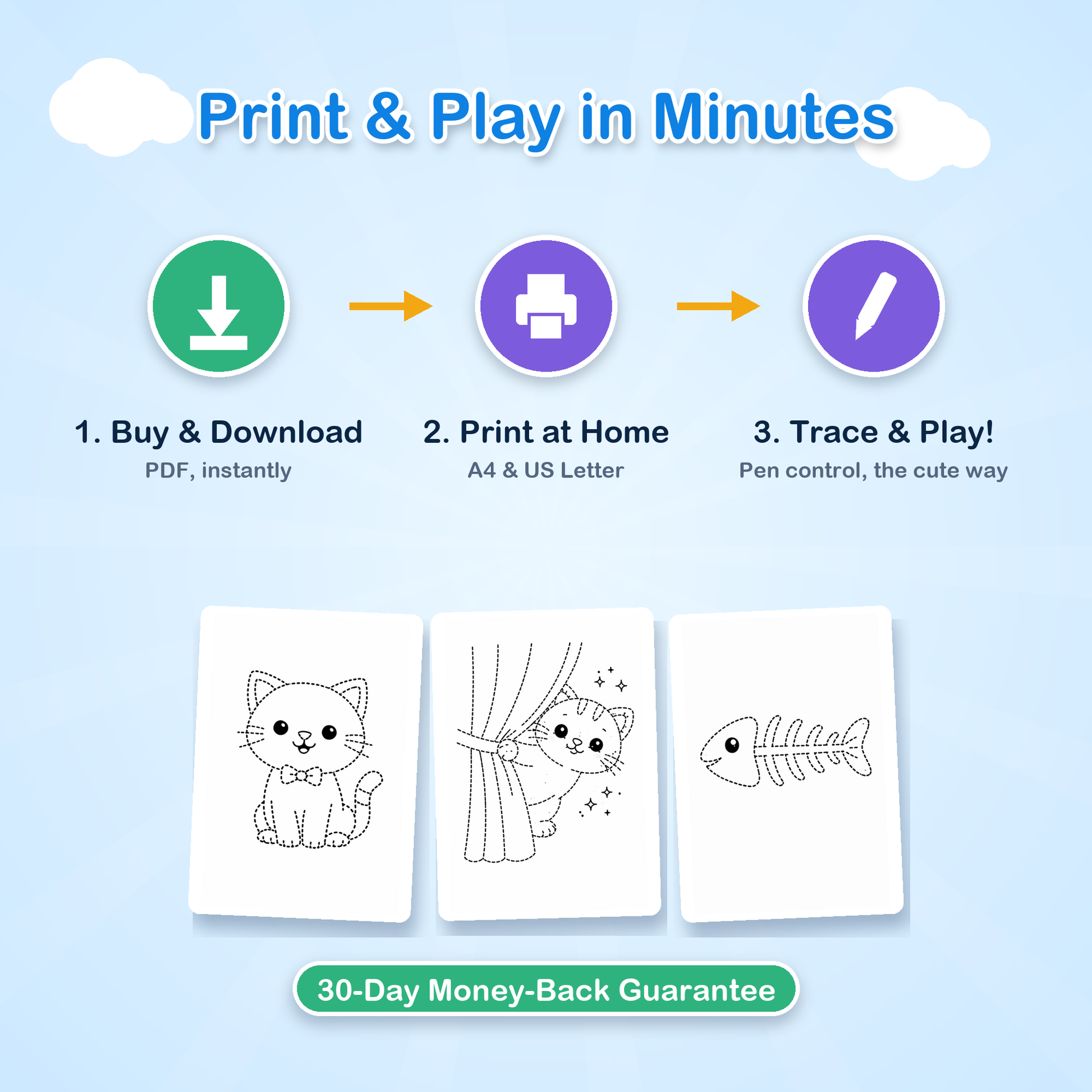 Print at home instant download kitten tracing pages for toddlers