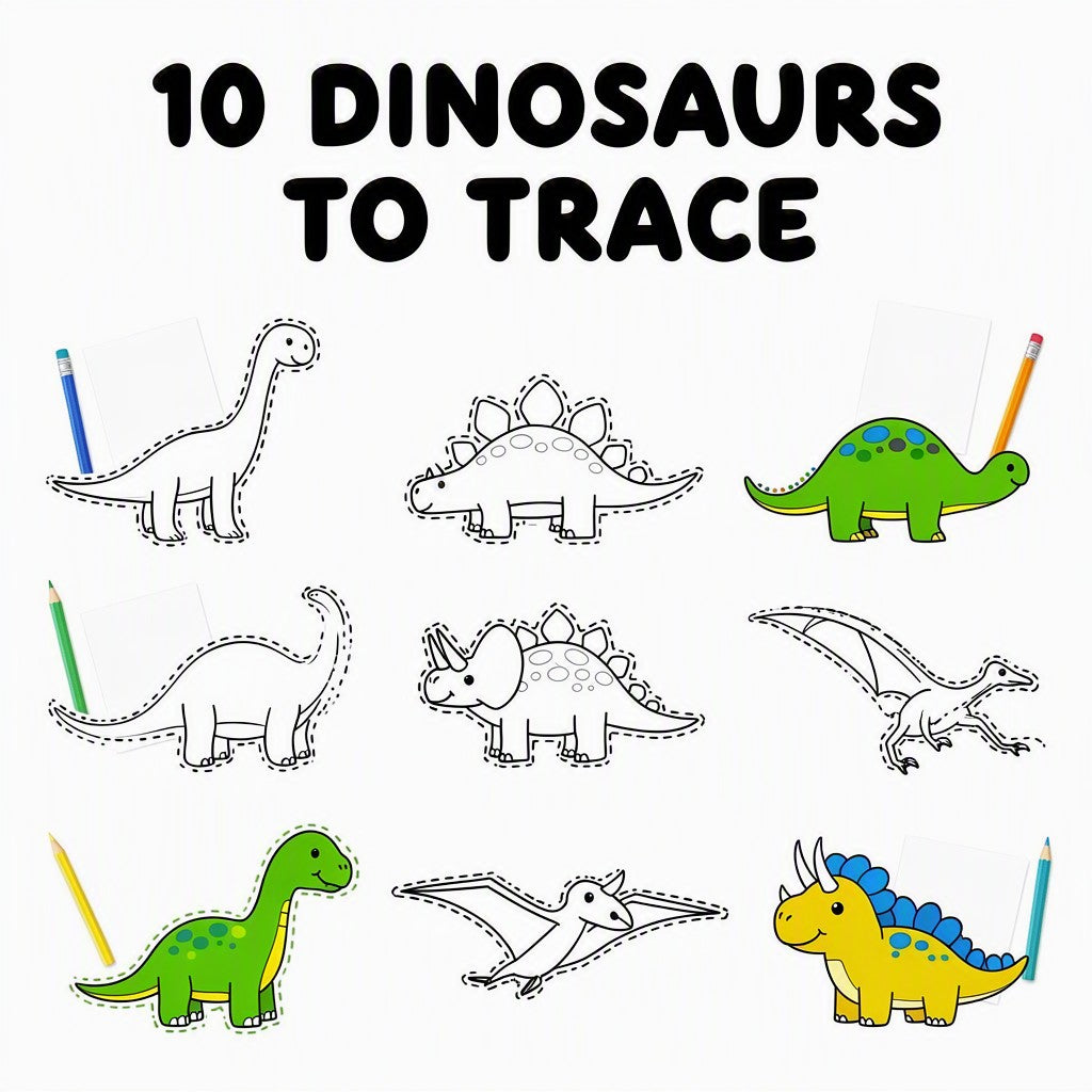 Ten dinosaurs to trace, shown as dashed outlines