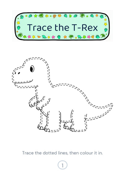 T-Rex tracing page from the printable dinosaur PDF