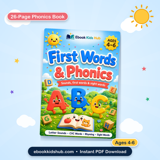 First words and phonics activity book for kids ages 4-6 printable PDF cover