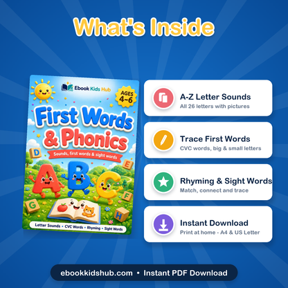 First Words & Phonics Activity Book for Kids Ages 4–6 | 26-Page Printable PDF