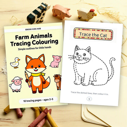 The book cover beside a printed cat tracing page and a stack of blank paper