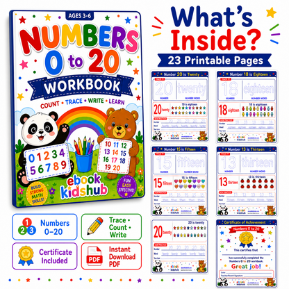 Numbers 0 to 20 Workbook PDF – Trace, Count, Write & Learn | Ages 3–6