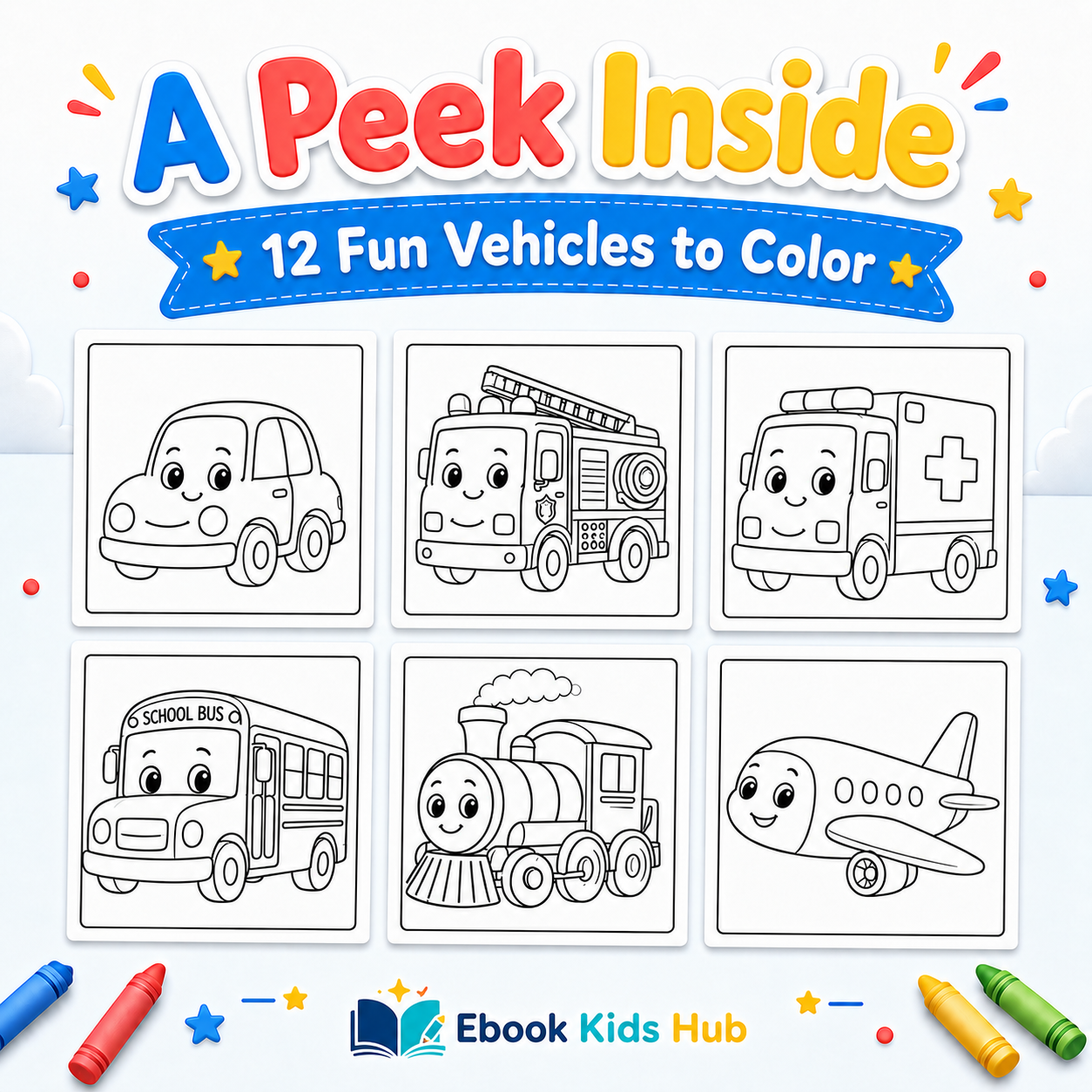 Vehicle Coloring Book for Kids – 12 Printable Coloring Pages PDF | Ages 2–7