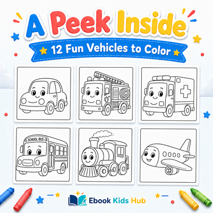 Vehicle Coloring Book for Kids – 12 Printable Coloring Pages PDF | Ages 2–7