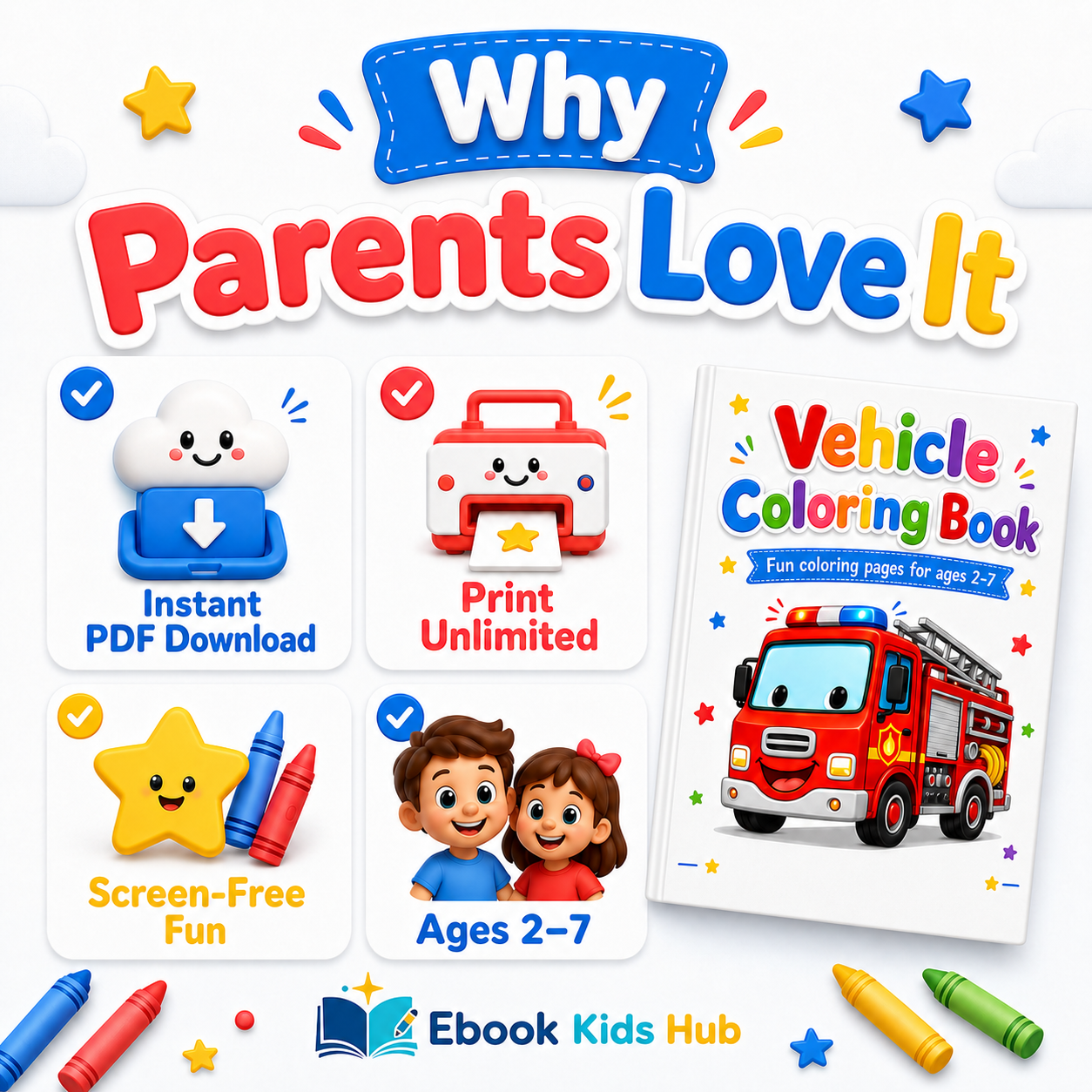 Vehicle Coloring Book for Kids – 12 Printable Coloring Pages PDF | Ages 2–7
